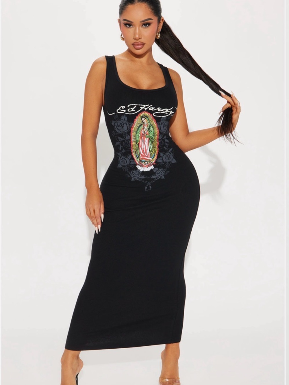 Ed Hardy Black Maxi Dress with Colorful Virgin Mary Graphic